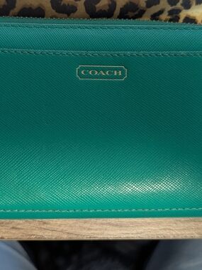 COACH Teal Saffiano Leather Zip Wallet with Gold Logo